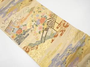 ヱ霞に几帳・花車模様織り出し袋帯